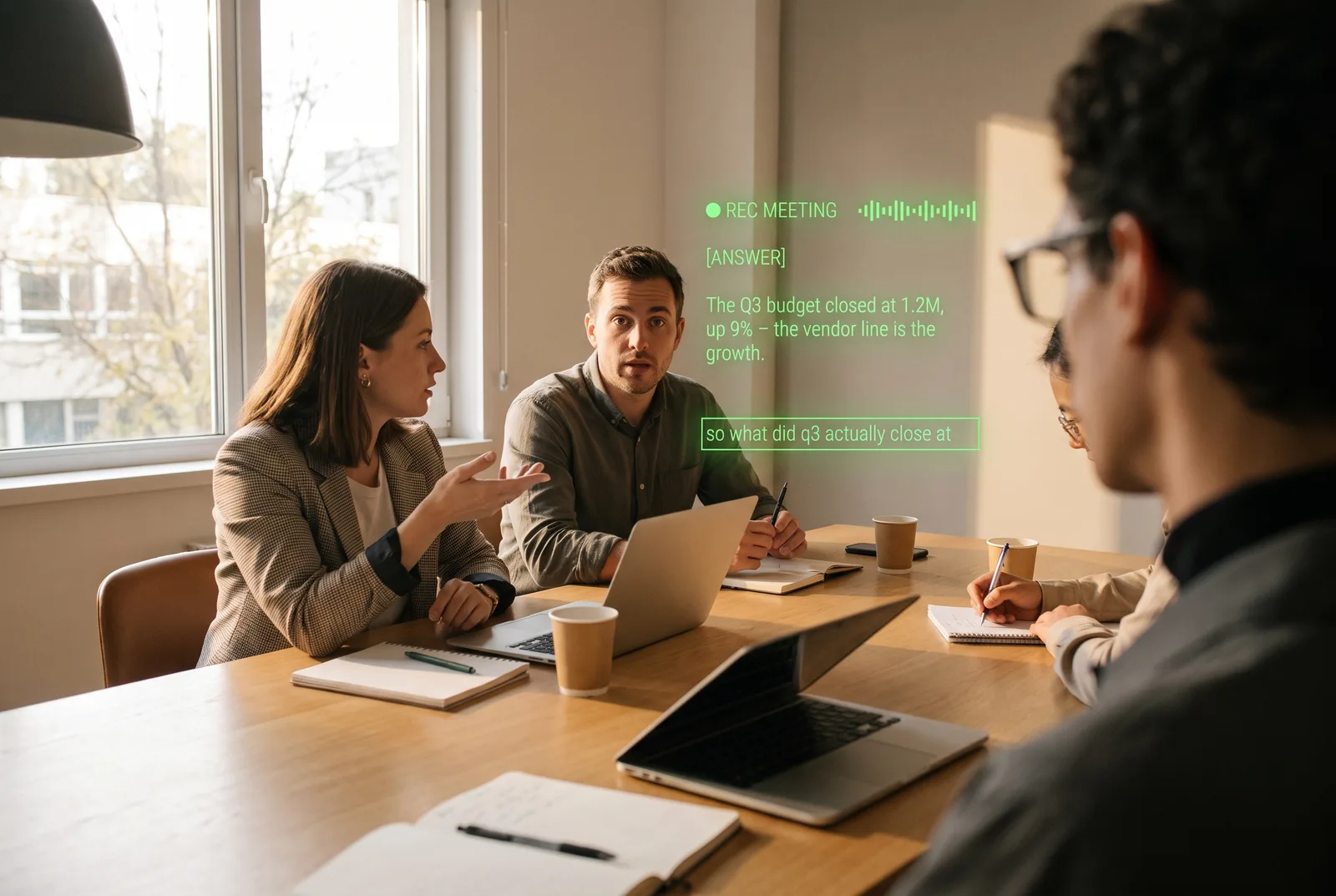 Seen through the glasses: a meeting room, three colleagues across the table. On the lens: REC MEETING. [ANSWER] The Q3 budget closed at 1.2M, up 9% - the vendor line is the growth. Below it: so what did q3 actually close at.