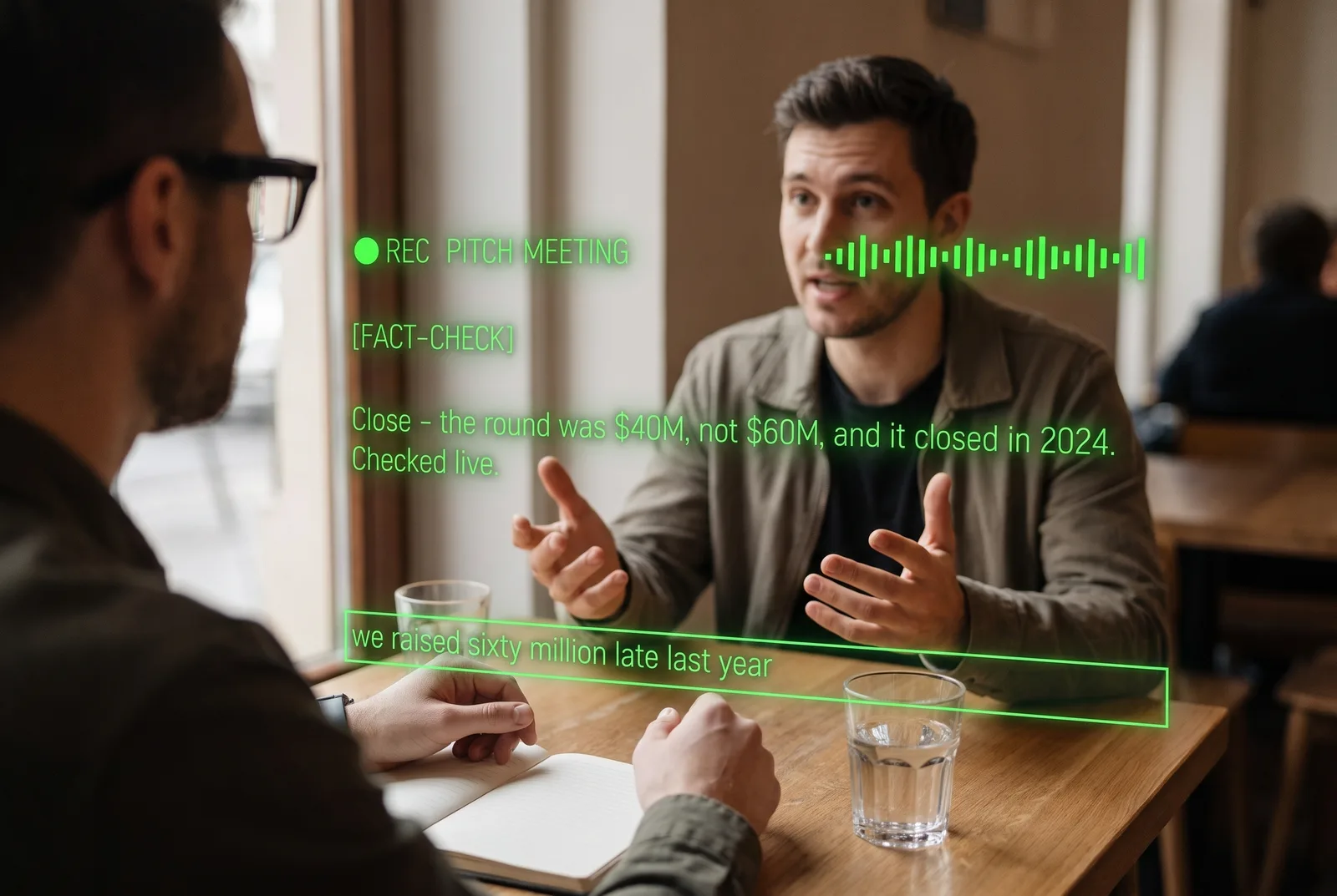 Seen through the glasses: a founder across a café table, mid-pitch. On the lens: [FACT-CHECK] Close - the round was $40M, not $60M, and it closed in 2024. Checked live. Below it: we raised sixty million late last year.