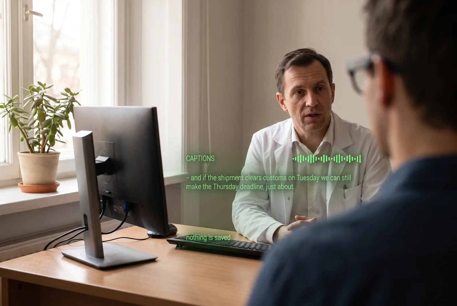 Seen through the glasses: a doctor across a desk. On the lens: CAPTIONS. - and if the shipment clears customs on Tuesday we can still make the Thursday deadline, just about. Nothing is saved.