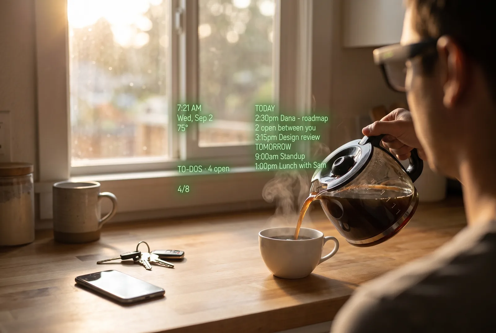 Seen through the glasses: a kitchen counter at 7:21 in the morning, coffee being poured. On the lens: today 2:30pm Dana, roadmap, 2 open between you. 3:15pm Design review. Tomorrow 9:00am standup, 1:00pm lunch with Sam. To-dos, 4 open.