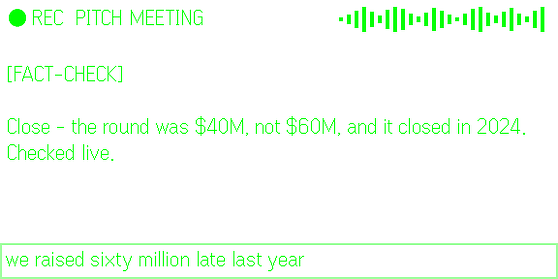 On the lens: [FACT-CHECK] Close - the round was $40M, not $60M, and it closed in 2024. Checked live.