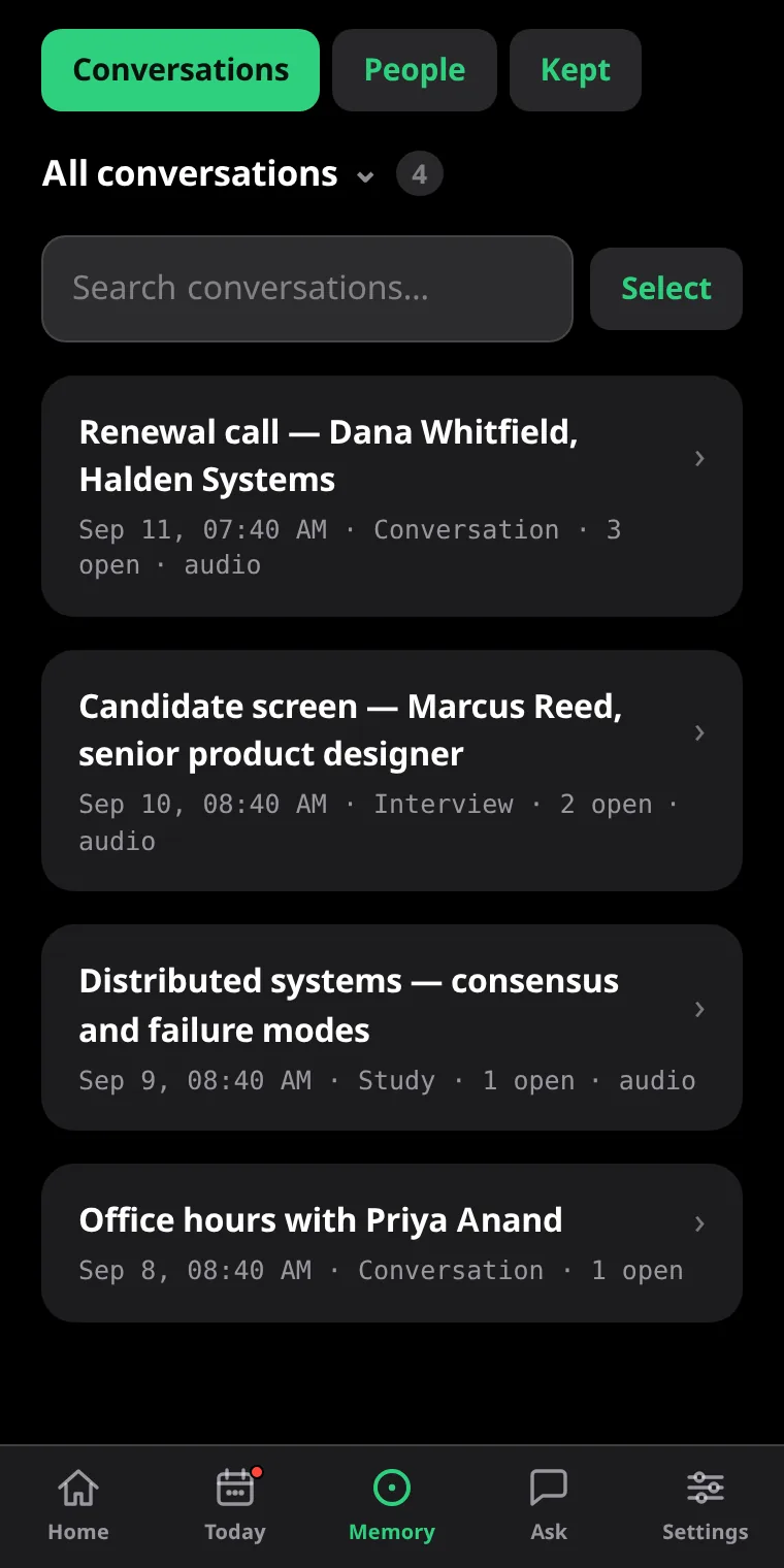 The Conversations list: Renewal call with Dana, Candidate screen - Priya, Product sync, Parent evening, each with its date, mode and open items.