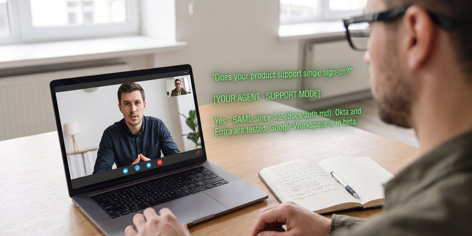 Seen through the glasses: a customer asks about single sign-on and the agent cue answers from the docs, SAML since 3.2, Okta and Entra tested